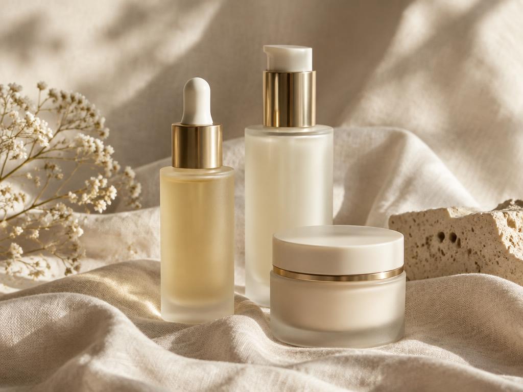 Korean skincare serums and cream on soft linen